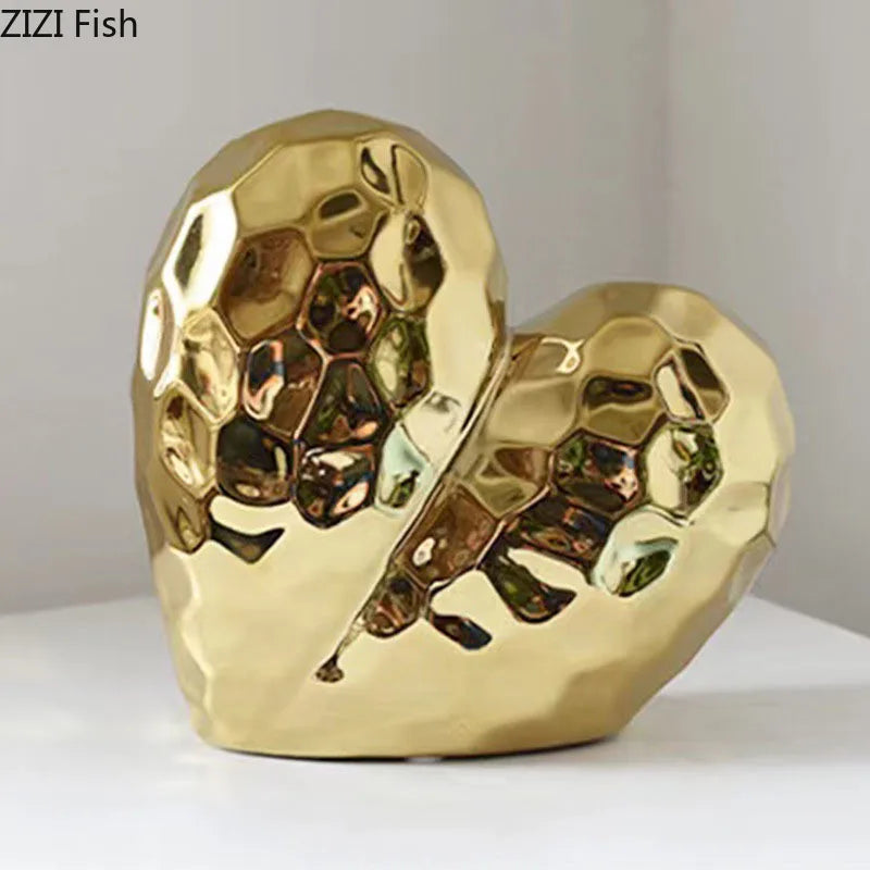 DecorBites™ Golden Heart Ceramic Statue: Minimalist Modern Home Decor Ornament