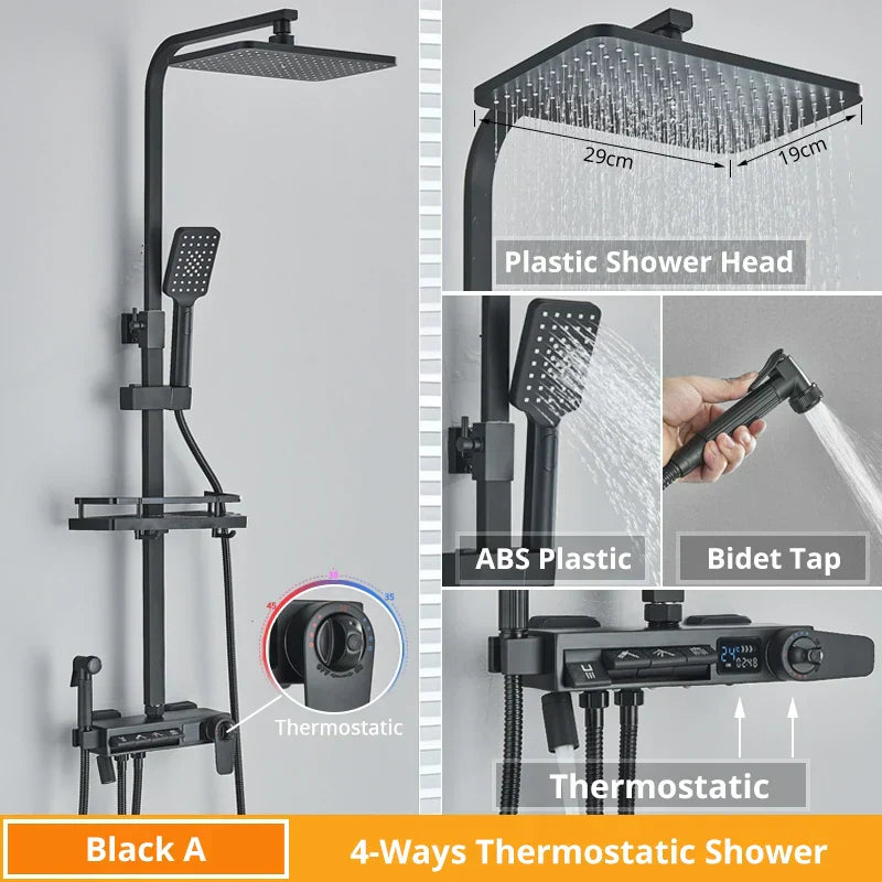 DecorBites™ Digital Display Shower Faucet Rainfall Head Thermostatic Mixer Set