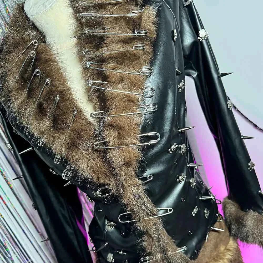 Grunge Goth Hand Made Punk Rock Studded Y2K Vegan Leather Faux Fur Jacket Pin