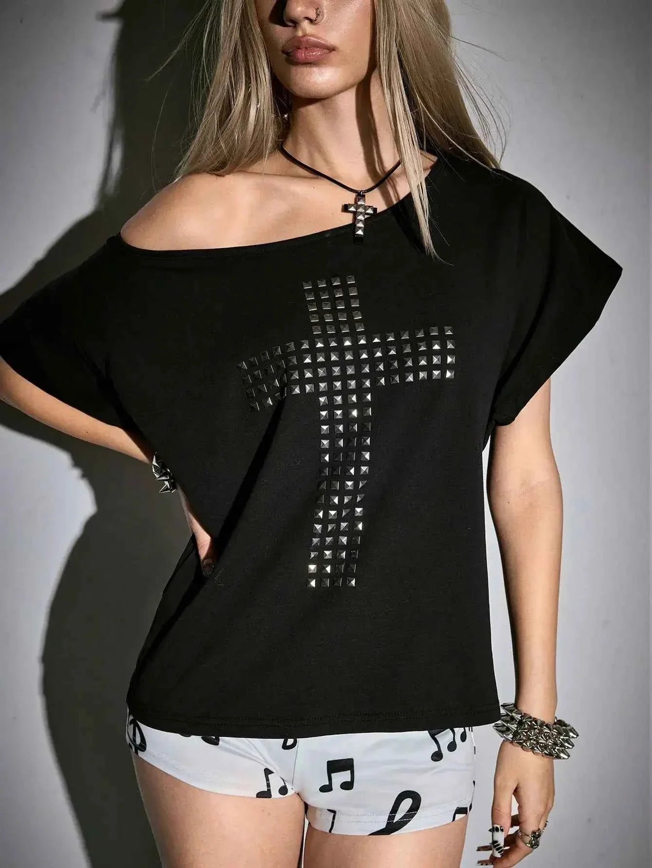 Punk Y2K Studded Cross T-Shirt with Cutout Back