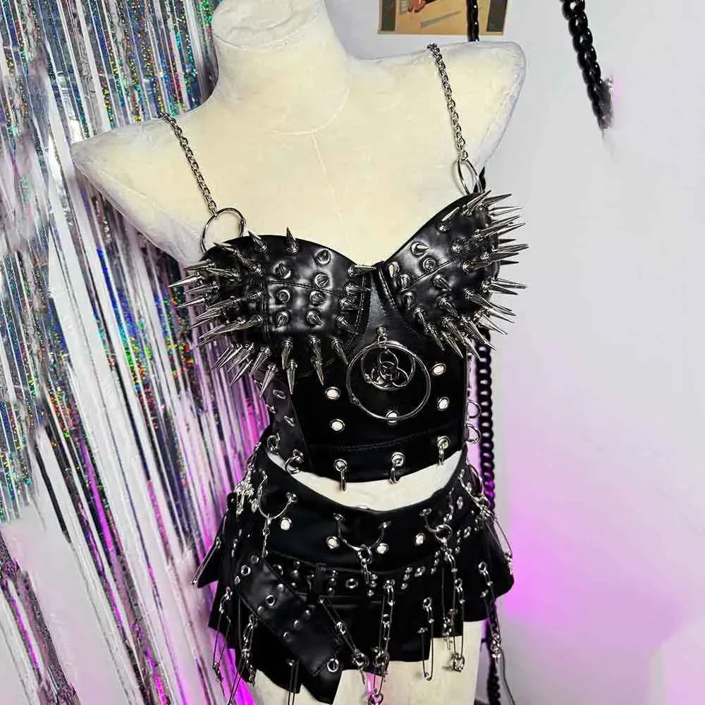 Goth Top with Spikes Grunge PU Leather Tank T-shirt