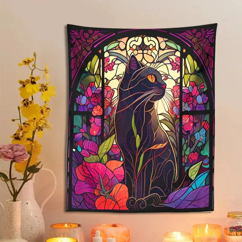 DecorBites™ Black Cat Tapestry Wall Hanging - Psychedelic Floral Art for Cat Lovers