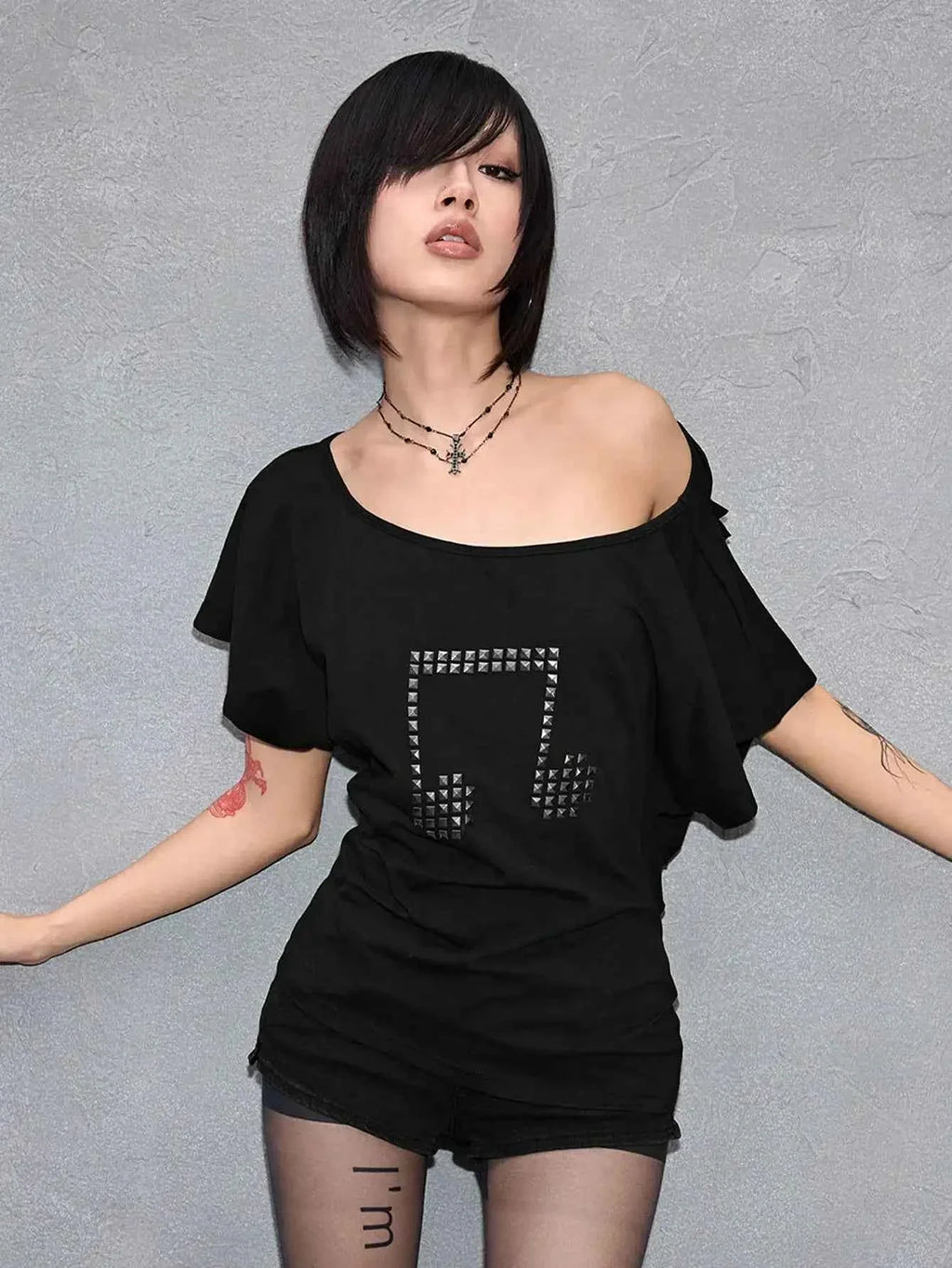 Punk Y2K Studded Cross T-Shirt with Cutout Back
