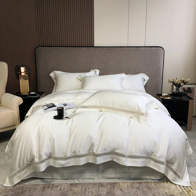 DecorBites™ Eucalyptus Lyocell Luxury Bedding Set in White Champagne Grey Pink