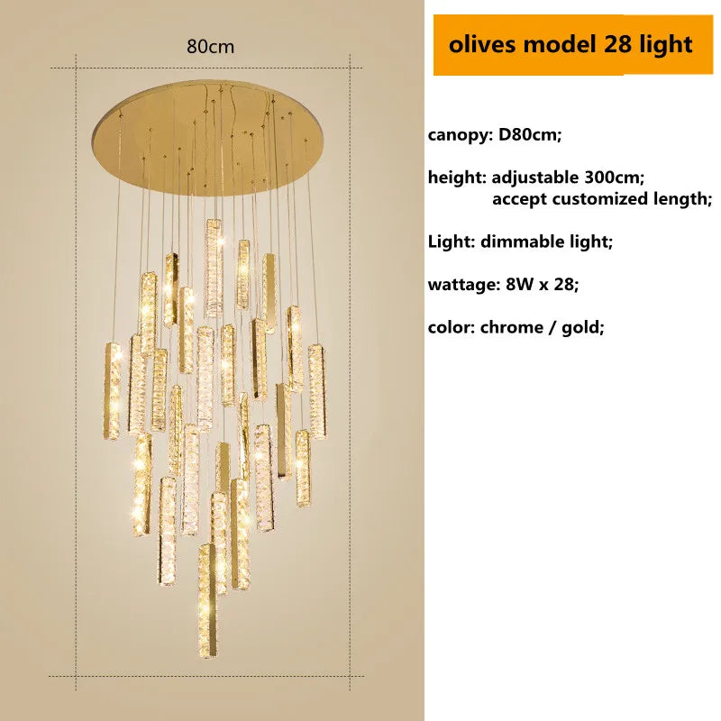 DecorBites™ Gold Chrome Steel Crystal Pendant Lights with Dimmable LED for Villa Stair
