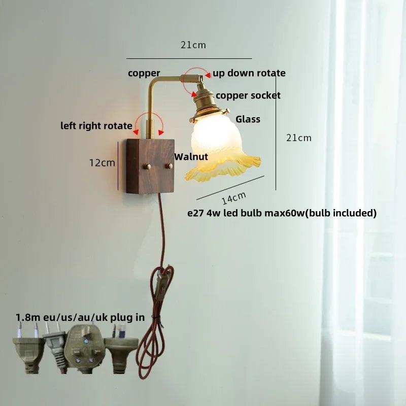 DecorBites™ Glass Pink LED Wall Lights Pull Chain Switch Rotatable Sconce Bedside Lamp