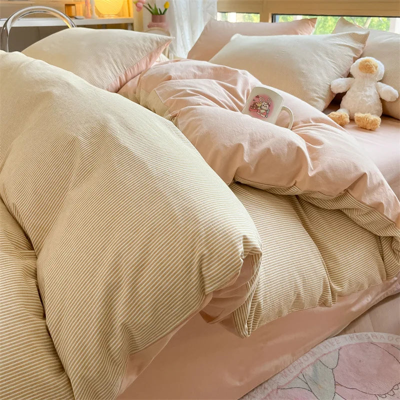 DecorBites™ Cotton Striped Bedding Set Yarn Dyed Washed Duvet Cover Single Bedclothes