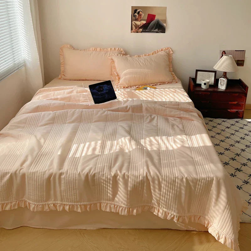 DecorBites™ Korean Princess Lace Ruffles Summer Quilt Bedspread - 3Pc Bedding Set