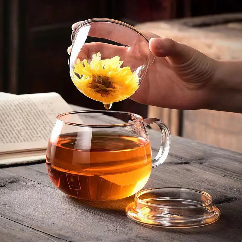 DecorBites™ Glass Tea Cup with Infuser and Lid - 350ml Drinkware for Home and Office