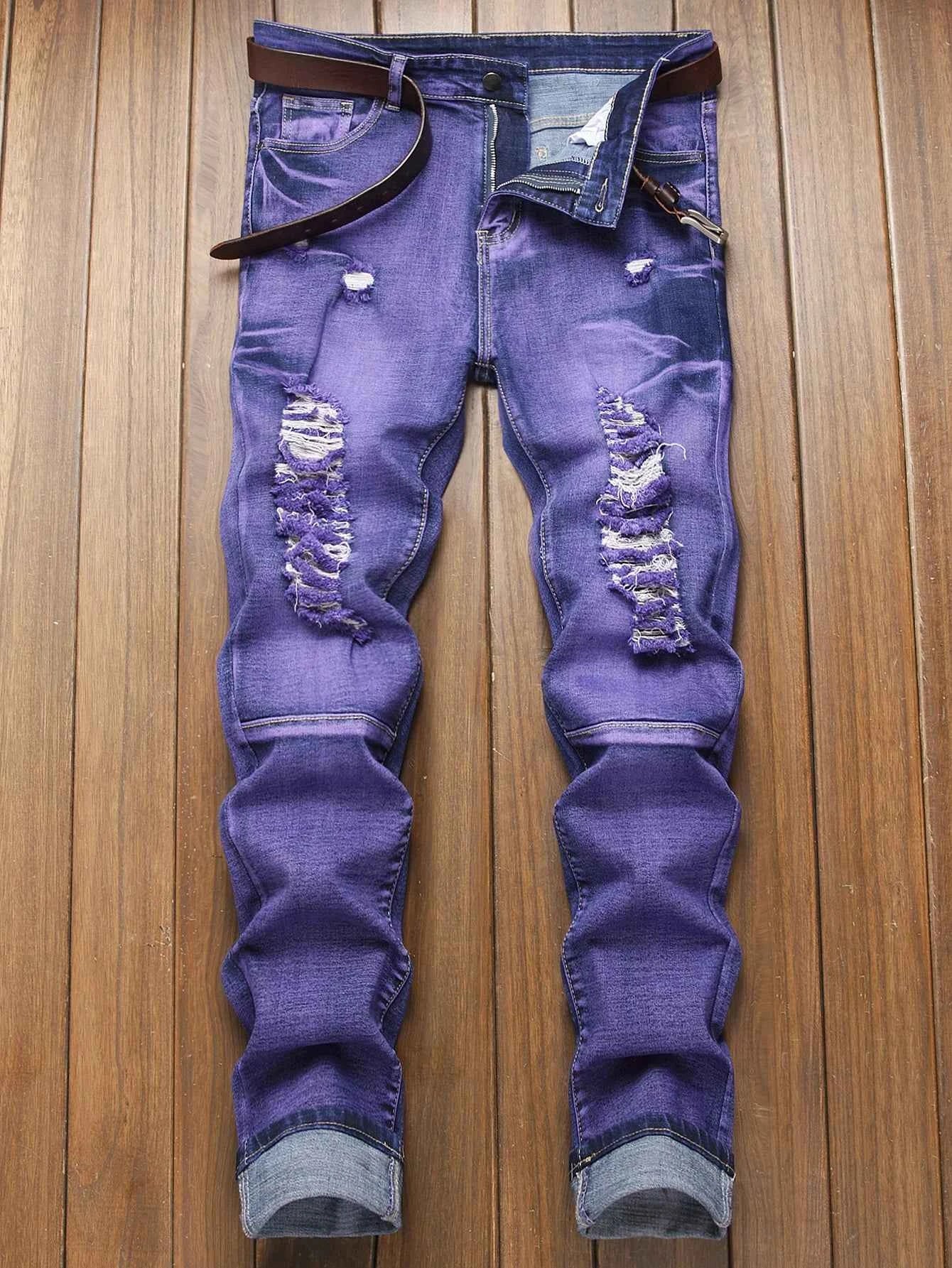 Stretch Slim Fit - Men's Mid Waist Distressed And Ripped Denim Pants All Season Street Wear