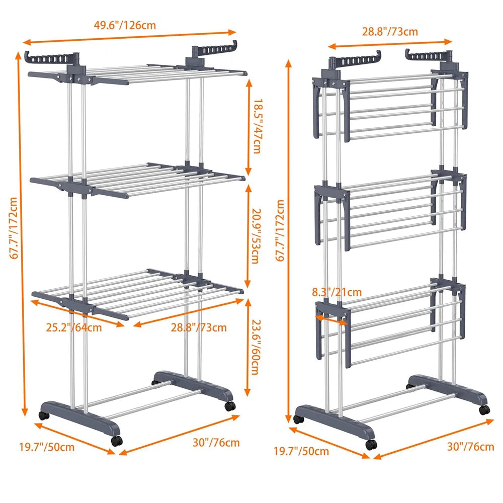 Foldable Plastic Clothes Drying Rack Laundry 4-Tier, Moveable Clothes Horse