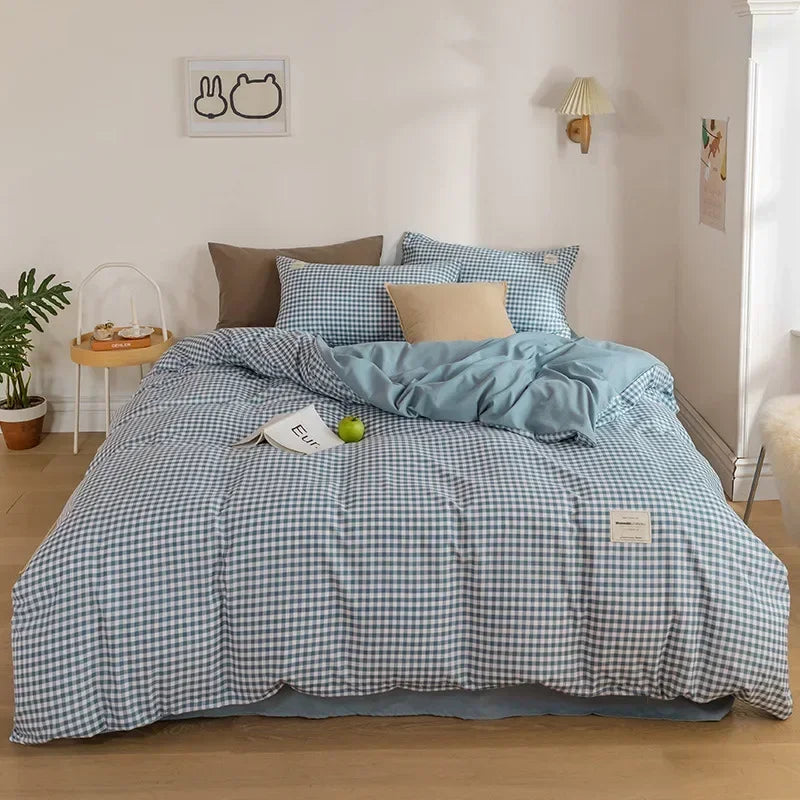 DecorBites™ Japanese Grid Print Bedding Set for All Seasons, Queen/King Size Quilt Cover