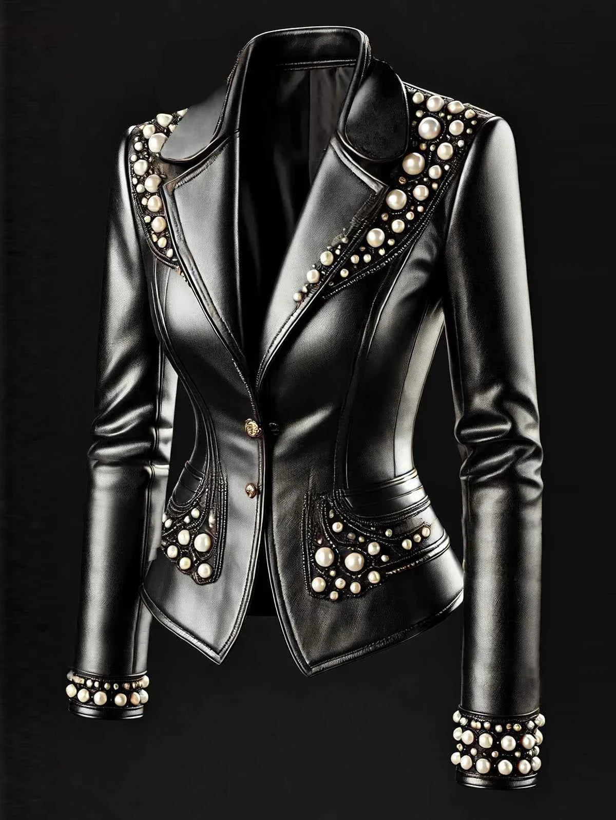 Women's Pearl Decoration PU Leather Jacket