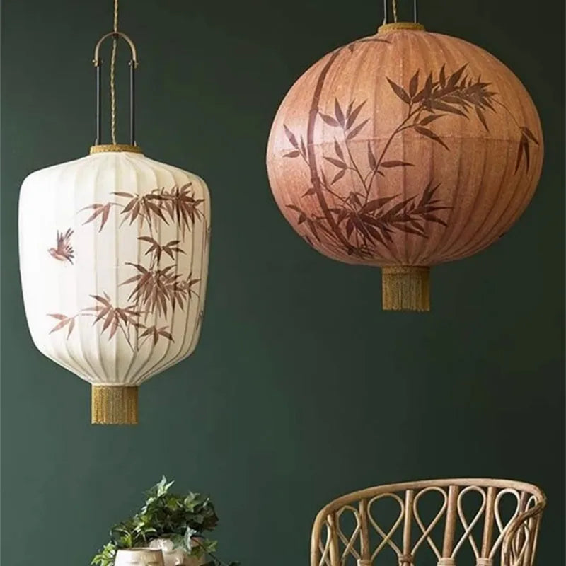 DecorBites™ Handmade Japanese Lantern Painting Pendant Lamp Fabric Chandelier