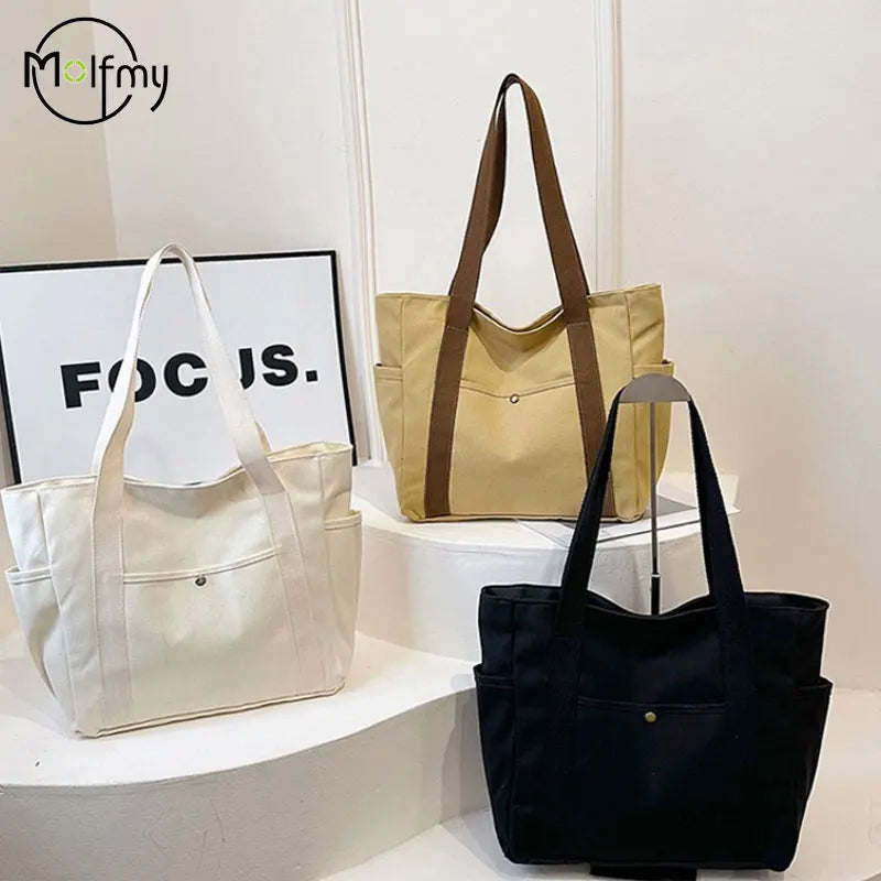 Large Capacity Canvas Tote Bag for Work, College and Shopping, Multi-Pocket Shoulder Book Bag