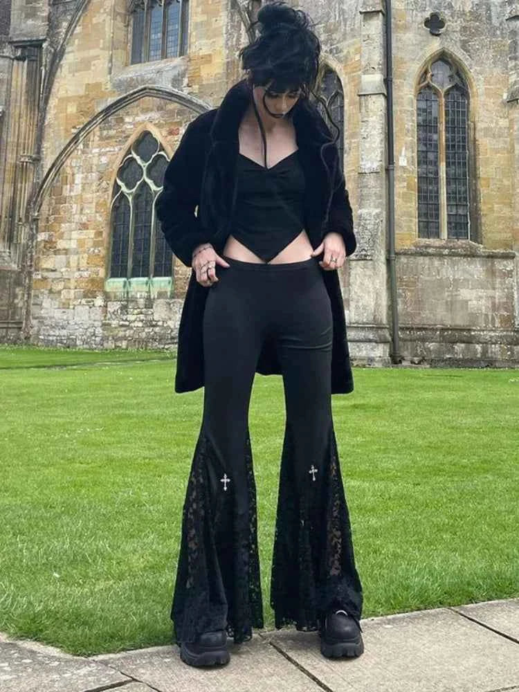 Goth Mall Flare Jeans Sexy Black Lace Patchwork High Waist Vintage Punk Grunge Streetwear