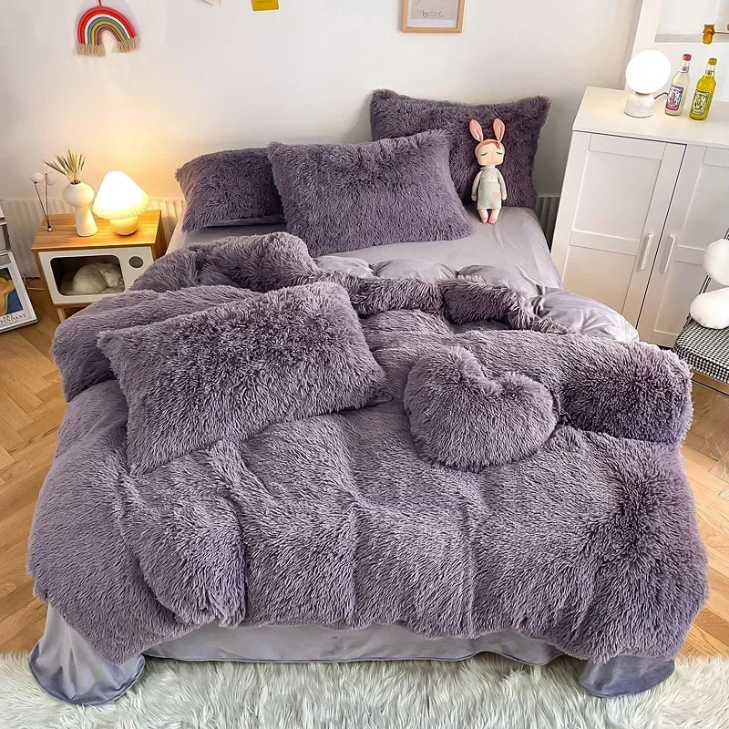 DecorBites™ Fluffy Faux Fur Bedding Set: Duvet Cover, Sheet, Pillowcase - Soft & Warm
