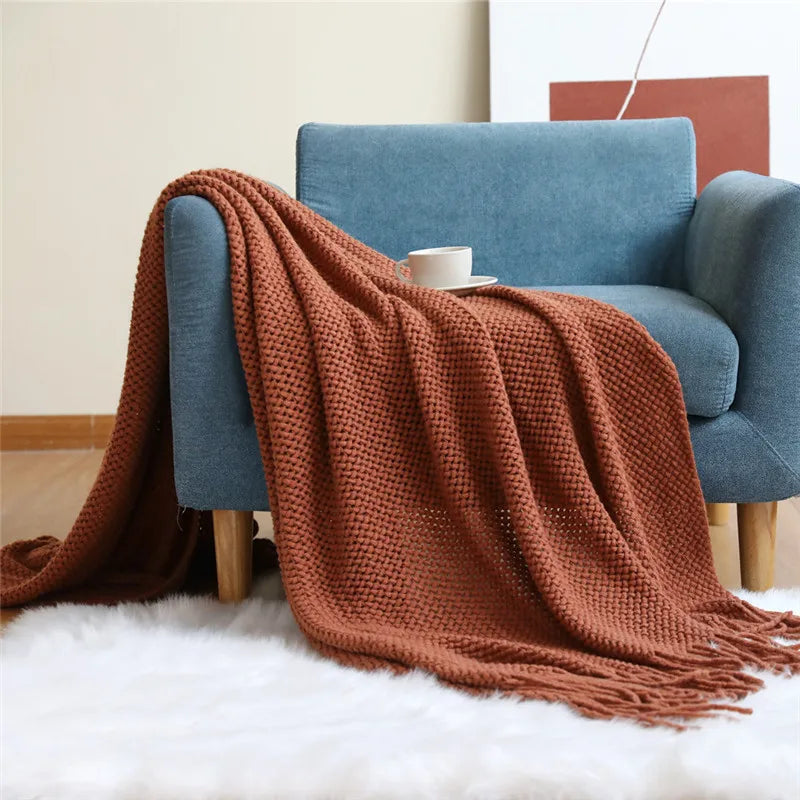 DecorBites™ Cozy Nordic Knit Sofa Blanket with Tassels & Fleece Throw