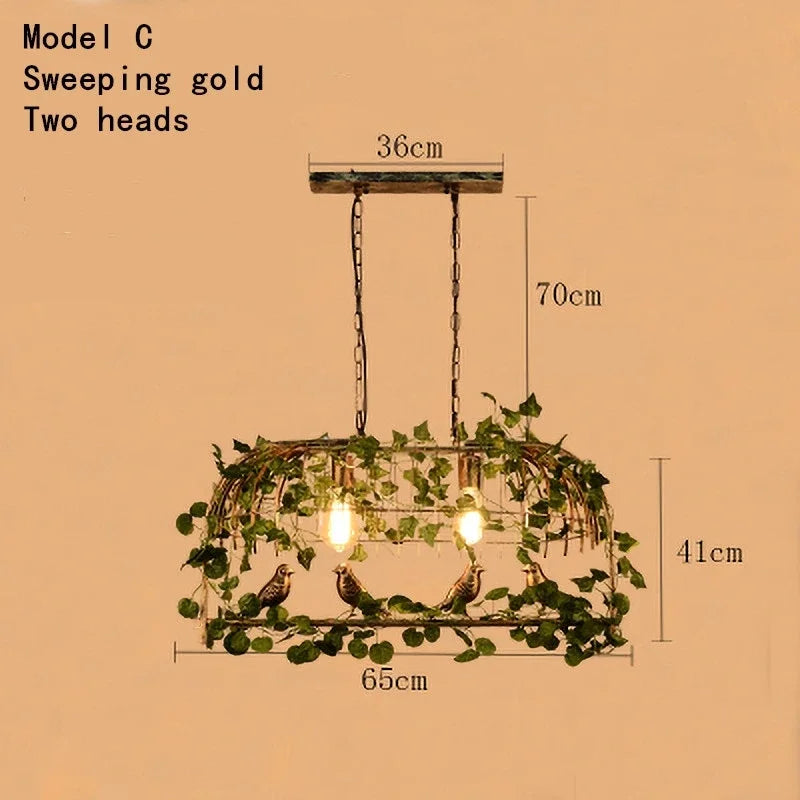 DecorBites™ Iron Bird Cage Chandelier with Green Leaf Decoration and LED Lamps