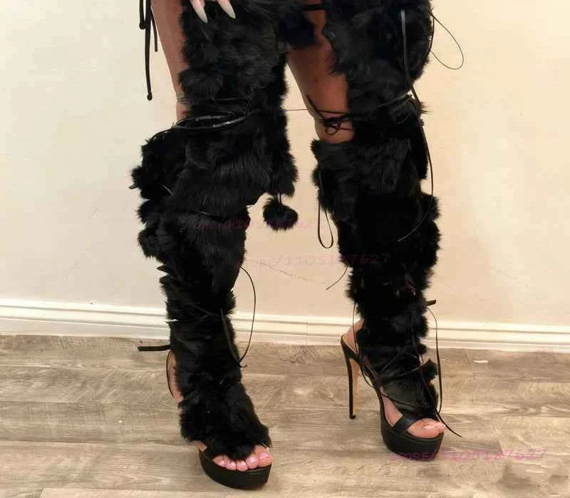 Long Plush Tassel Black Fur Women Fringe Thigh Boots