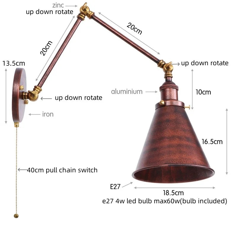 DecorBites™ LED Long Arm Wall Lamp with Pull Chain Switch for Home Hotel Bathroom