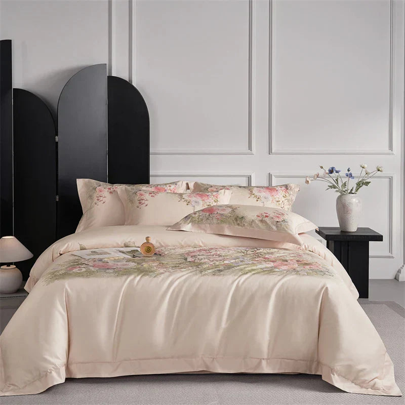 DecorBites™ Flowers Pattern 1000TC Egyptian Cotton Luxury Bedding Set & Silk Duvet Cover