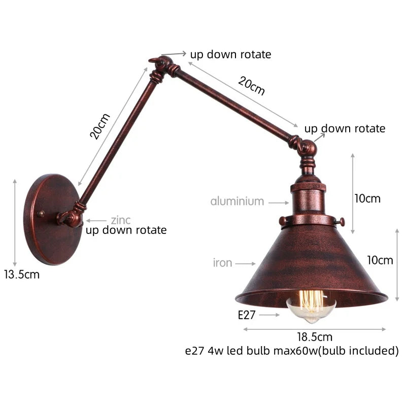 DecorBites™ Gold Long Arm LED Wall Sconce with Pull Chain Switch