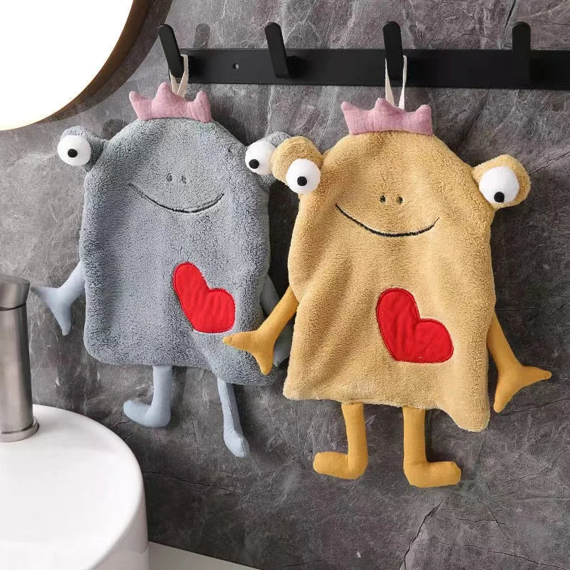 DecorBites™ Frog Design Hand Towel - Soft Coral Velvet, Kids Friendly, Absorbent & Multipurpose