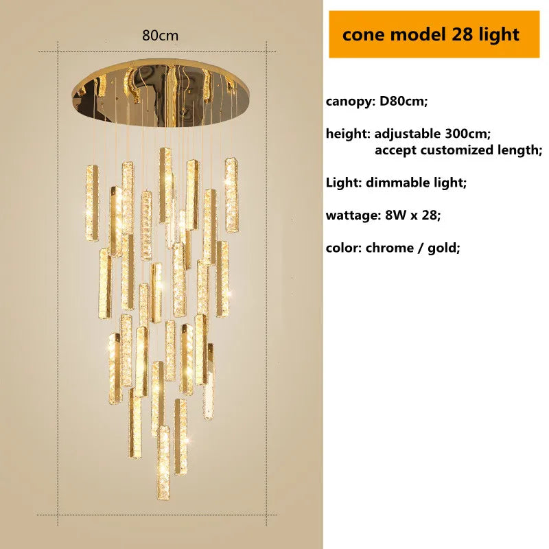 DecorBites™ Gold Chrome Steel Crystal Pendant Lights with Dimmable LED for Villa Stair