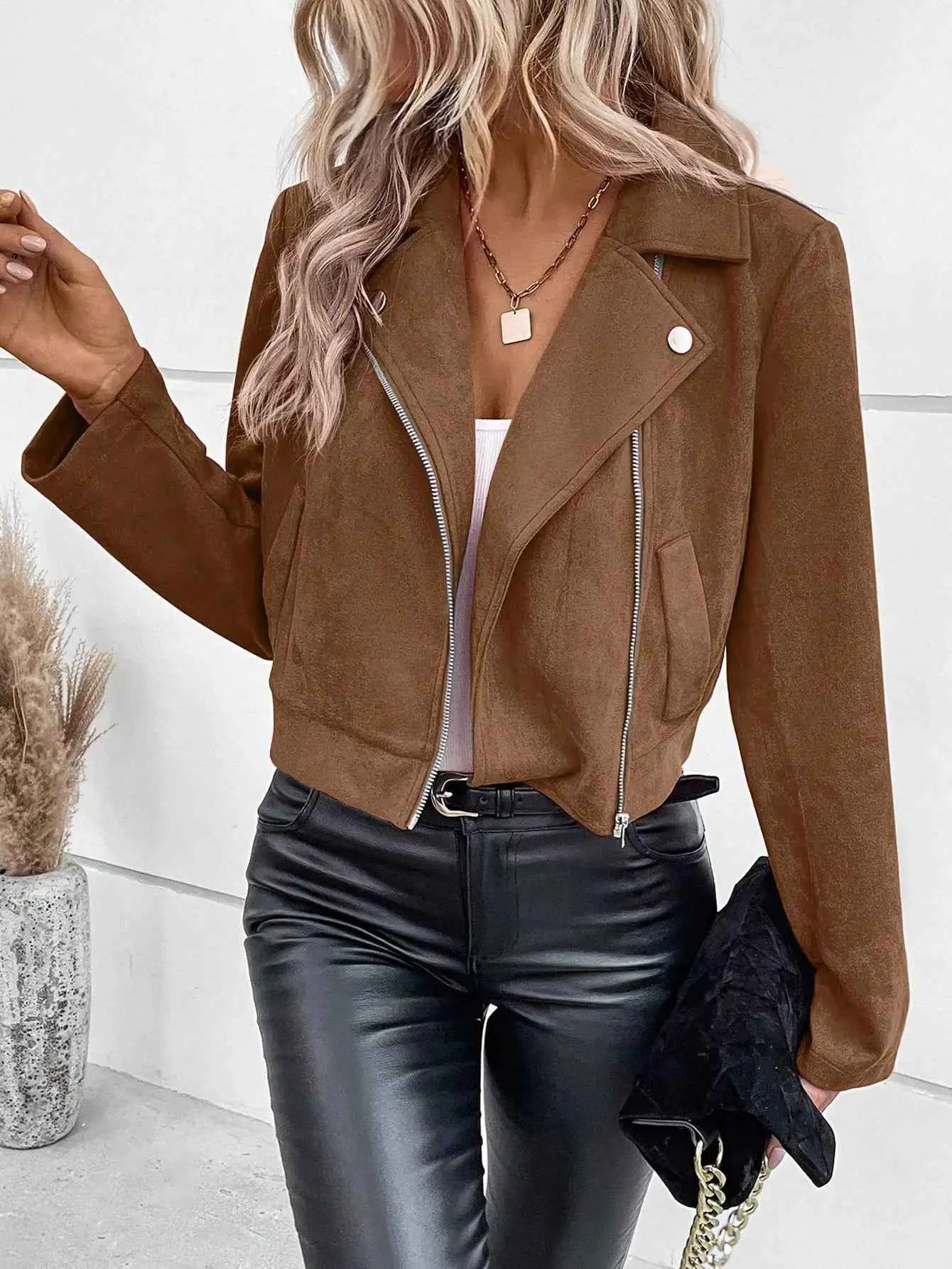 Faux Suede Women's Bomber Jacket Zipper