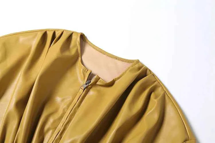 PU Crop Jacket Women Irregular Waist-Cinch Spring Wild Zip Full Sleeve Streetwear