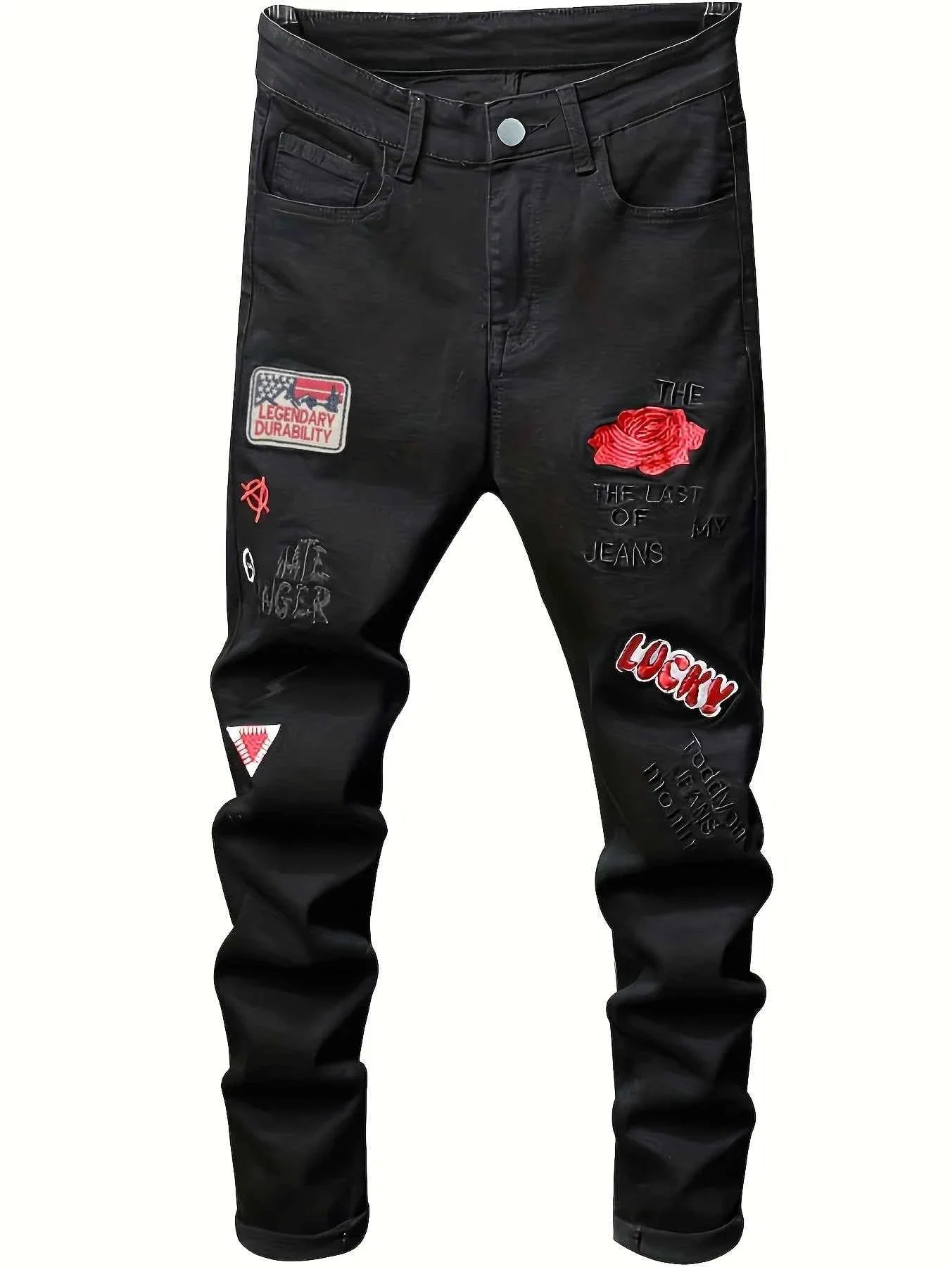 Men's slim fit embroidered elastic straight denim pants