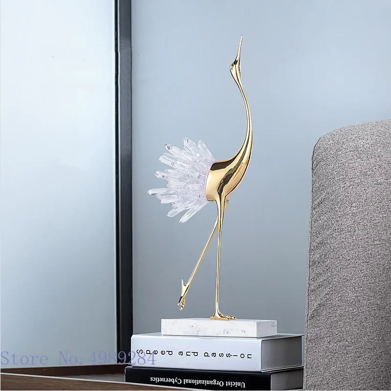 DecorBites™ Crane Golden Bird Agate Marble Crystal Home Decor Craft Statue