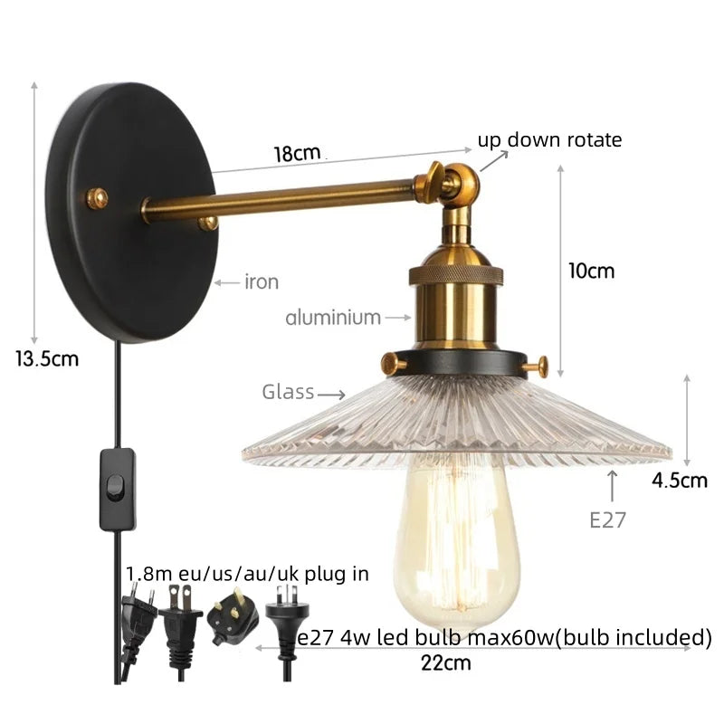 DecorBites™ Industrial Loft LED Wall Lights for Bedroom, Plug In Stairs Lamp