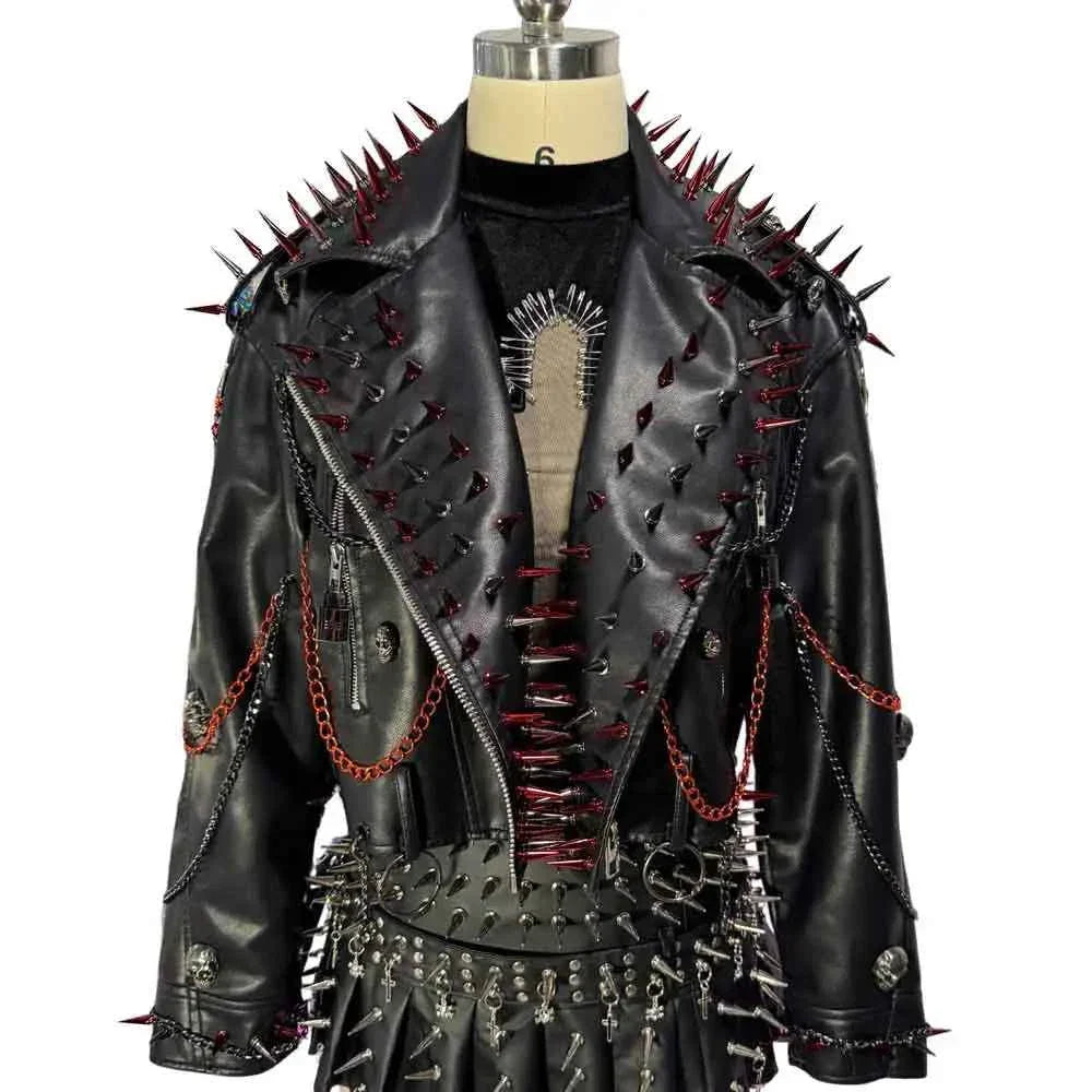 Women's PU Leather Skull Studded Jacket Vintage Hand Made Studded Rivet