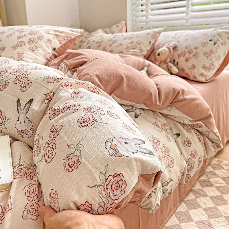 DecorBites™ Cotton Flower Printed Comforter Set: Breathable Double-Layer Yarn, Soft Bedding for Girls