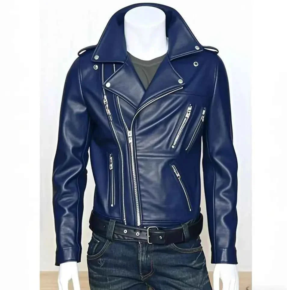Unisex Oversized Button-down PU Leather Coat with Multiple Zippers Polo Jacket, with Many Zippers