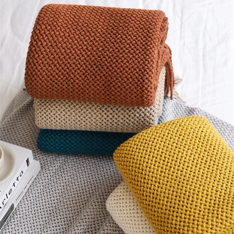 DecorBites™ Cozy Nordic Knit Sofa Blanket with Tassels & Fleece Throw