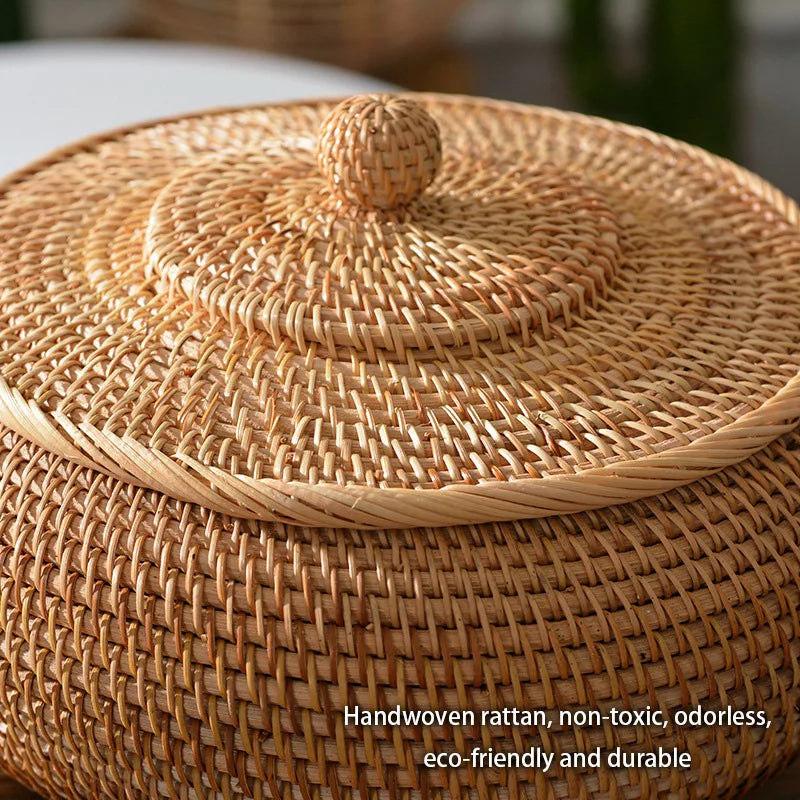 DecorBites™ Handwoven Rattan Storage Box With Lid - Kitchen Food Container & Home Organizer