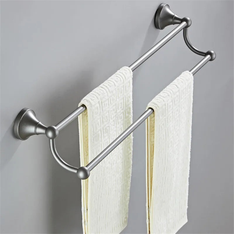 DecorBites™ Gray Bathroom Accessories Set: Towel Rack, Toilet Brush Holder, Shelf, Soap Dish