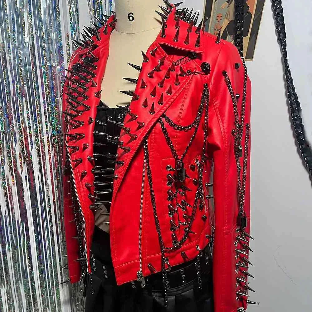 Women's Spiked Studded Rivet Goth Emo Pu Leather Jacket Grunge