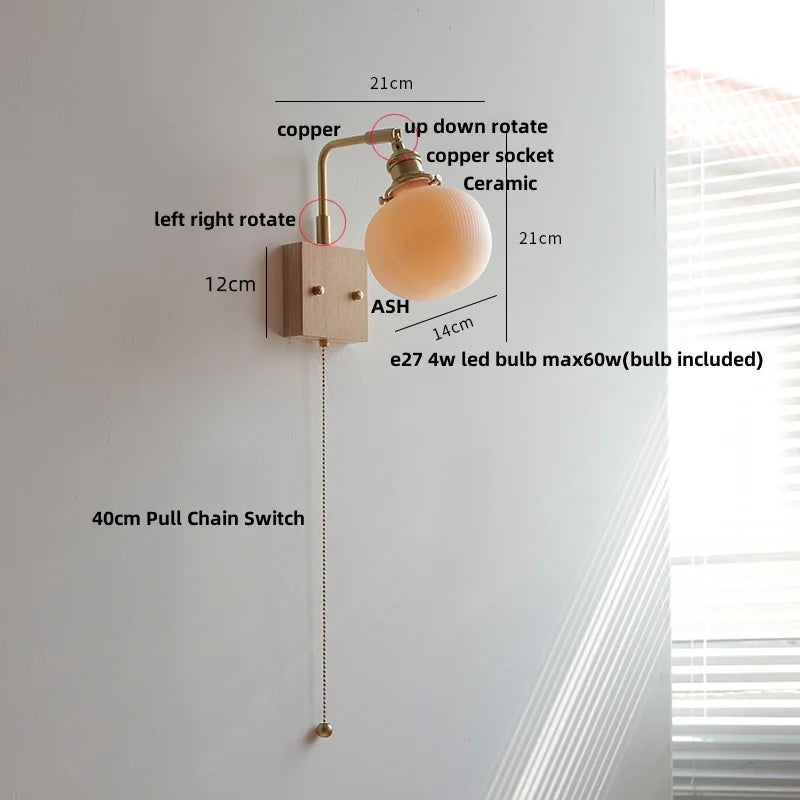 DecorBites™ Globe Ceramic LED Wall Lights Walnut Wood Sconce Rotatable Bedside Lamp