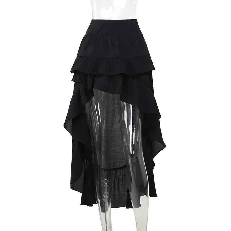 Goth Dark Kawaii Black Tiered Skirt 90S Retro Irregular Hem