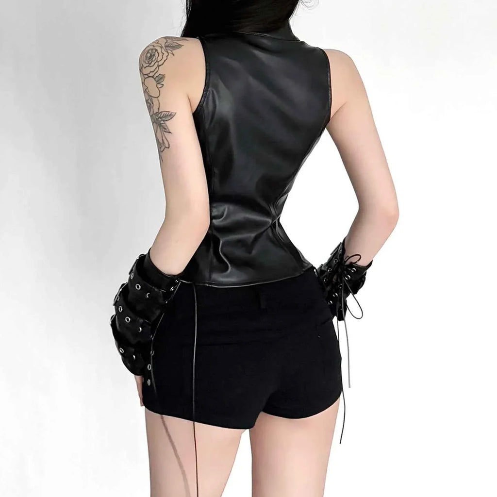 Retro Punk Pu Leather T-shirt and Combination Arm Sleeves