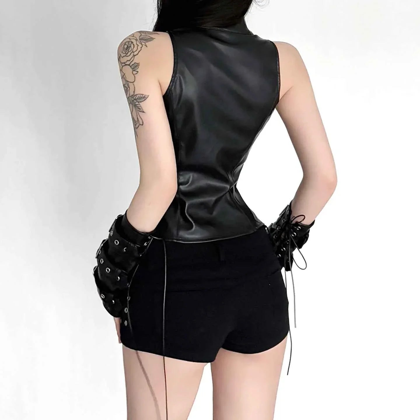 Retro Punk Pu Leather T-shirt and Combination Arm Sleeves