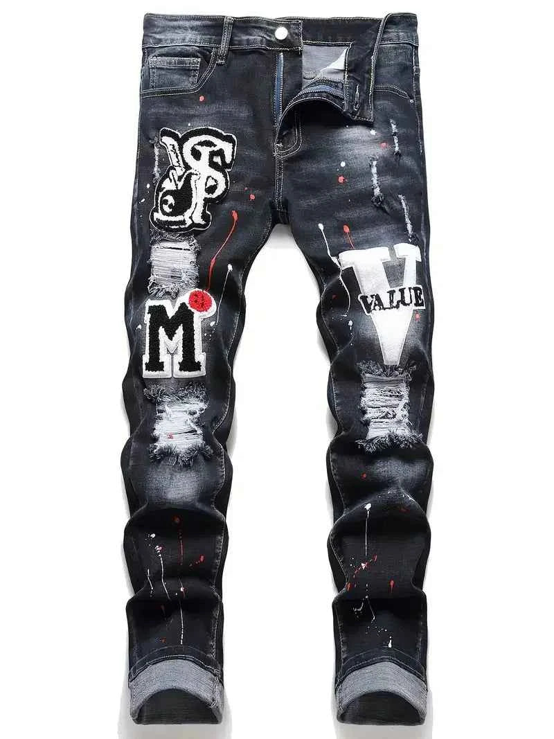 Men's Y2K Stretchy Denim Pants Ripped Skinny Letter Print elastic waist Casual pants