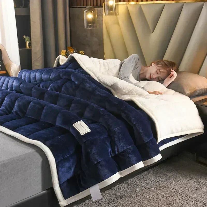 DecorBites™ Cozy Flannel Fleece Lambswool Blanket - 3 Layers, Warm & Soft for Bed.