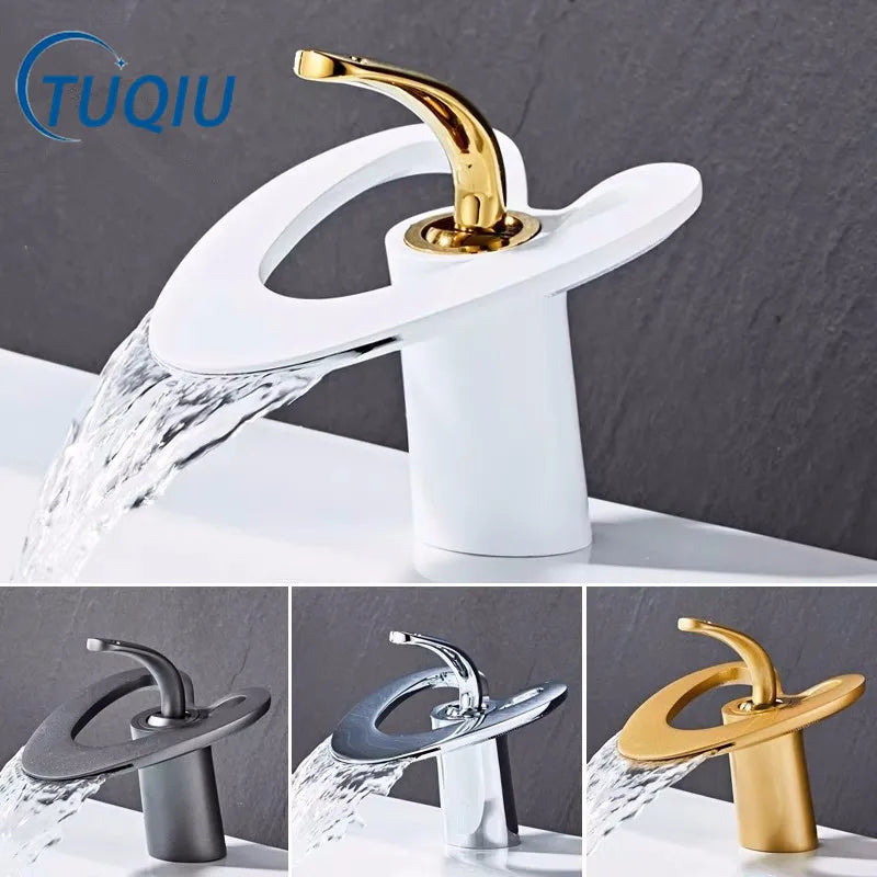 DecorBites™ Golden/White Basin Faucet: Black Brass Waterfall Sink Mixer Tap, Hot & Cold.