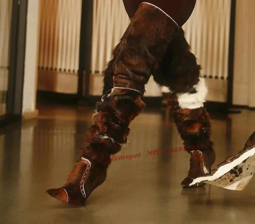 Horsehair Patchwork Thigh High Boots Rivet Stiletto Fur Pointy Toe Women's Boots