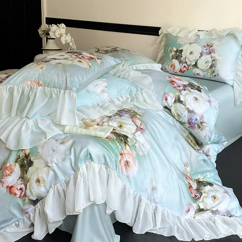 DecorBites™ French Flowers Lace Ruffles Bedding Set: Soft Silky Ice Silk for Single Queen King